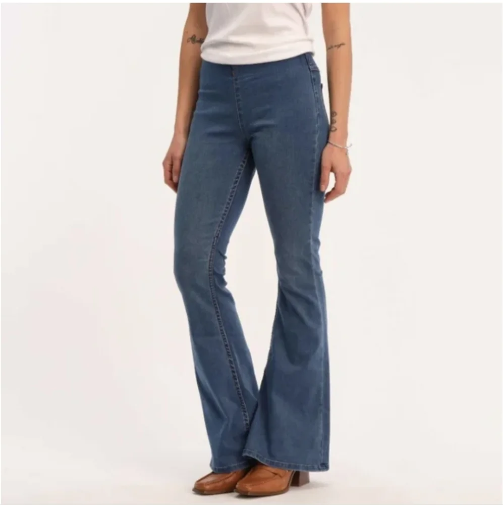Blue Pullon Elastic Waist Flare Jeans Boho Western Hippie Rodeo Festival Large